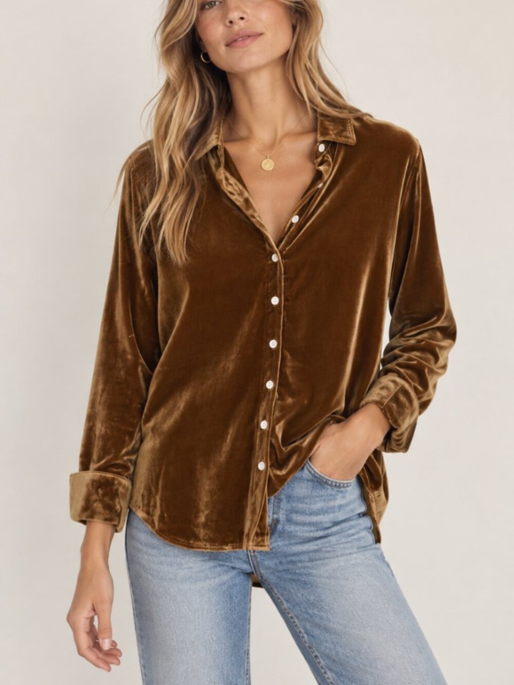 Faherty Genevieve Stretch Silk Velvet Shirt Gold Mustard XS